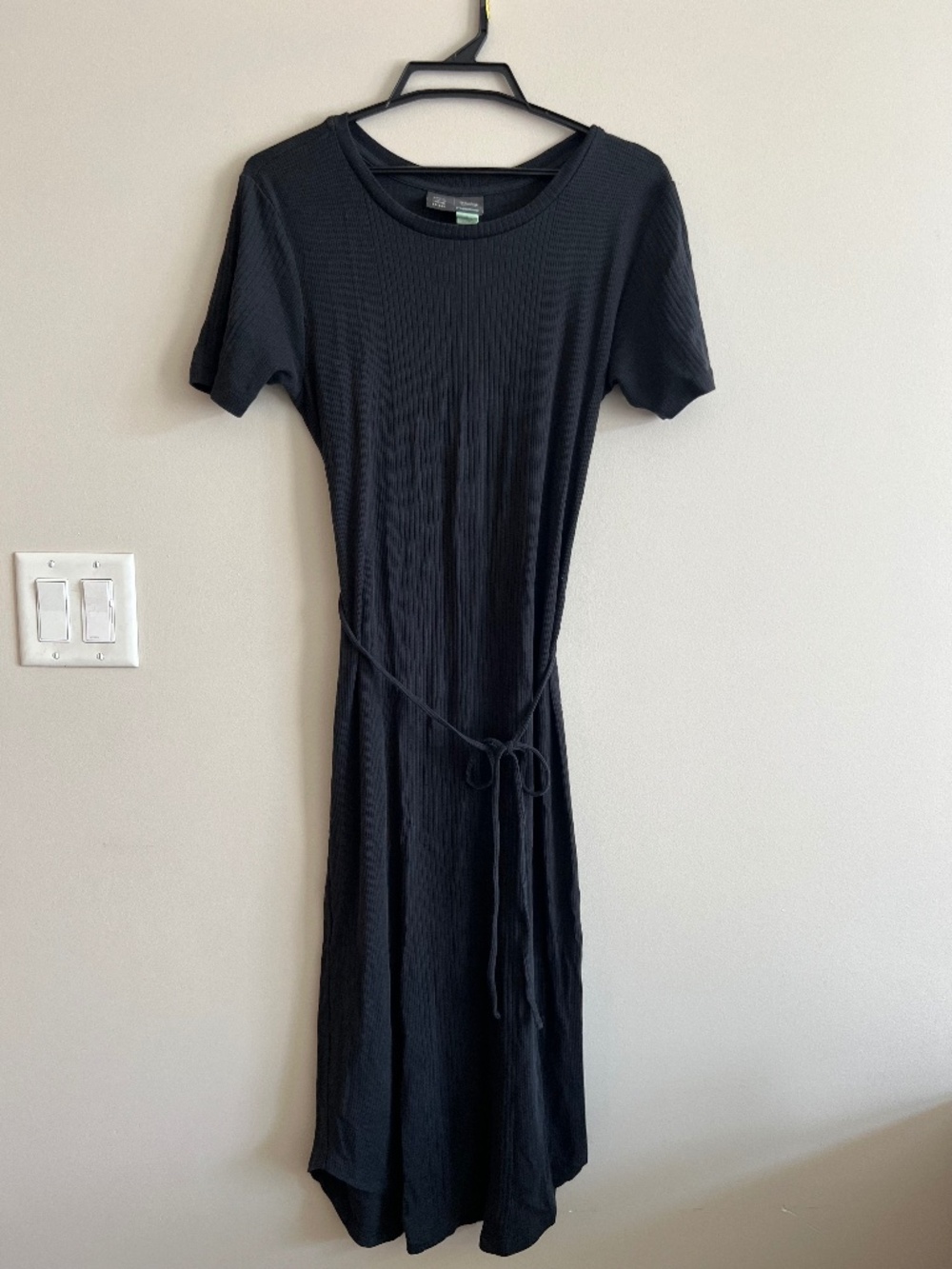 Anthropologie Black Ribbed Midi Dress Size M with Tie Belt